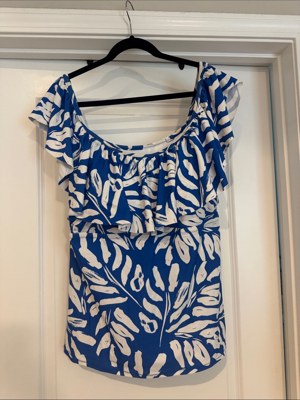 Raisins Blue and White Off-Shoulder Ruffle Swim Top